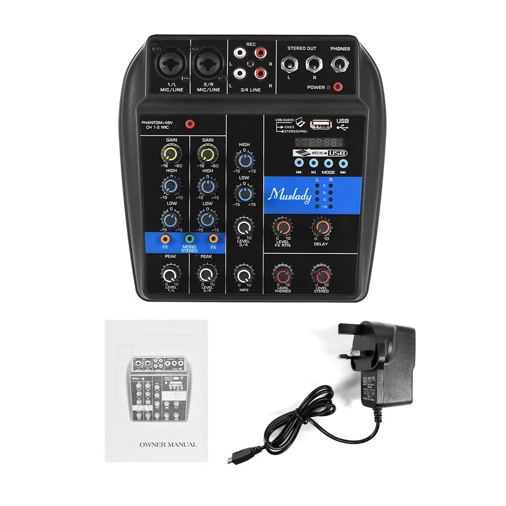 TU04 BT Sound Mixing Console Record 48V Phantom Power Monitor AUX Paths Plus Effects 4 Channels Audio Mixer with USB - Цвет: UK Plug