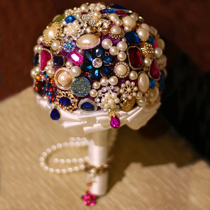 

Luxurious Colourful Jewelry Crystal Pearls Bride Bouquet Bridal Holding Flowers Handmade Wedding Bouquet Brooch Accessories