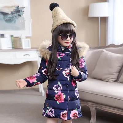Skup Dziewczęca kurtka zimowa koreańskie 5 13 letnie dziewczyny puchowe dziewczyny zimowe futrzane kołnierzyki dziecięce parki gorący kwiat wydruku z kapturem