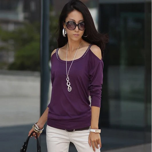 2017 New Women Fashion Bare Shoulders Strap T Shirt Drilling Slim Cheap