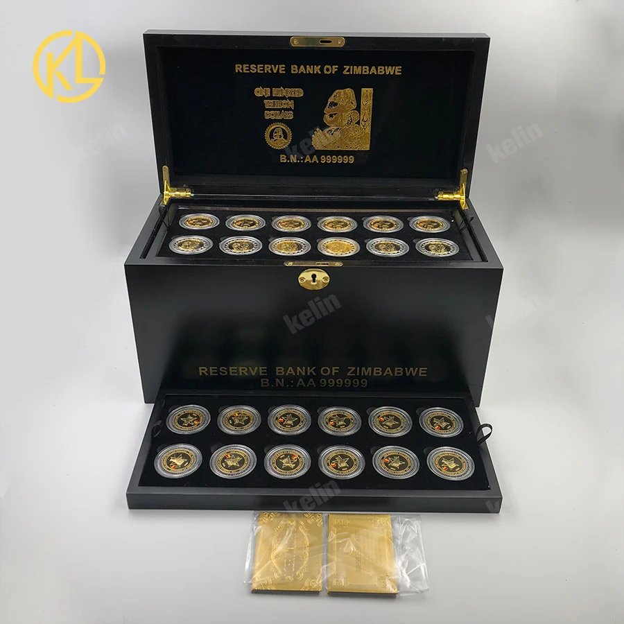 

Free Fedex Shipping 216pcs Gold plated Metal Zimbabw Banknote Coin wooden box set with certificates for VIP Clients Gifts