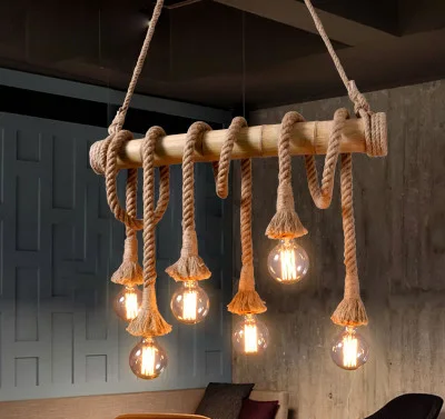 

American Country Style Loft Retro Bamboo & Hemp Rope Winding Chain Pendant Light with Edison Bulbs for Bar Cafe Restaurant