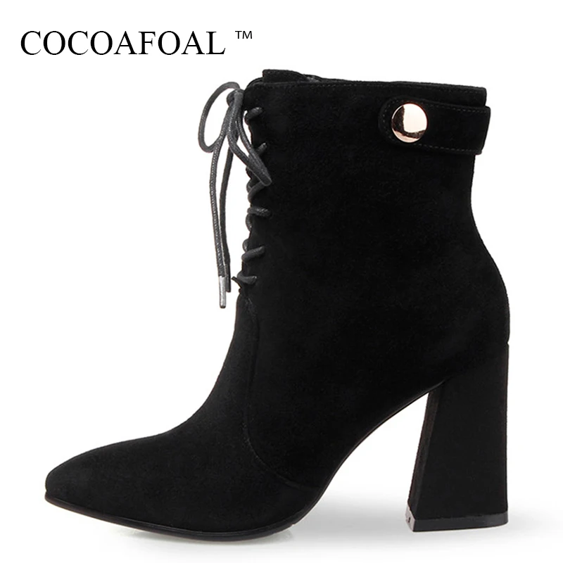 

COCOAFOAL Woman Metal Decoration Chelsea Boots Fashion Sexy Lace Up High Heeled Shoes Autumn Winter Genuine Leather Martin Boots