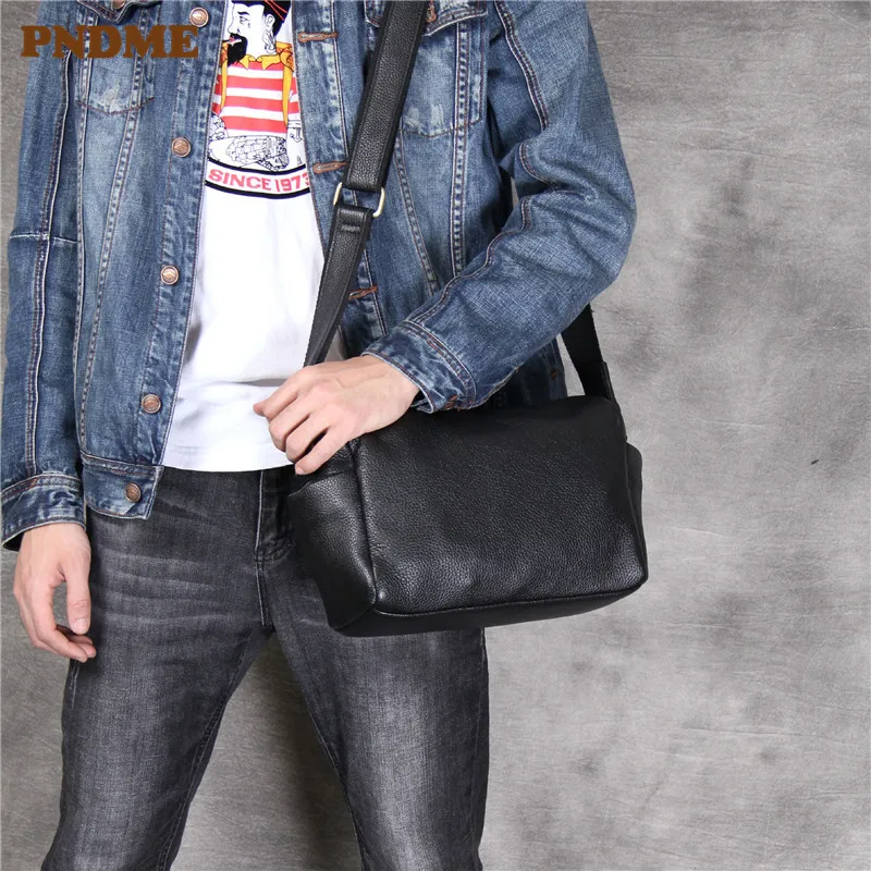 

PNDME high quality soft first layer cowhide genuine leather men's shoulder bag casual simple daily luxury black messenger bags