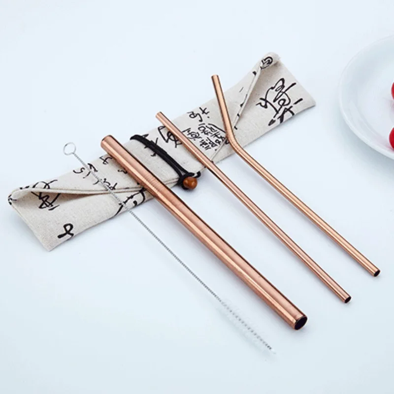 

Portable 4 Pieces Reusable Metal Drinking Straws Kit With Cleaning Brush Storage Canvas Bag For Travel Camping Picnic