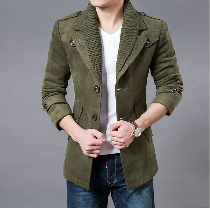 

Men Trench coat New Winter Warm Thick woolen blend overCoat Male Pea coat slim single breasted red blue green drop shipping