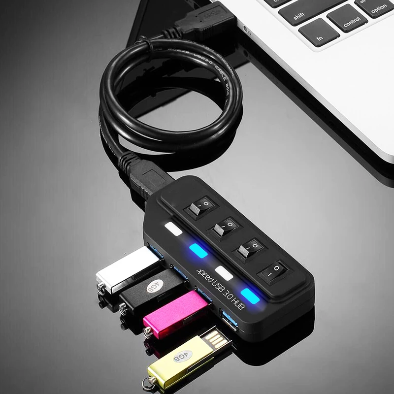 

150cm Usb 3.0 HUB Adapter 4 Ports 5Gbps High Speed Micro Usb Splitter 2.0 to 1.1 Black with Switch for Macbook Pro for Windows