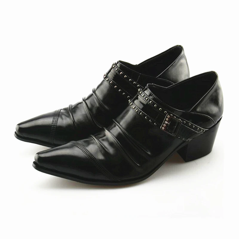 

Akamatsu Genuine Leather High Heel Formal Men Shoes Buckle Belt Pleated Design Rivet Decor Pointed Toe Fashion Men Dress Shoes