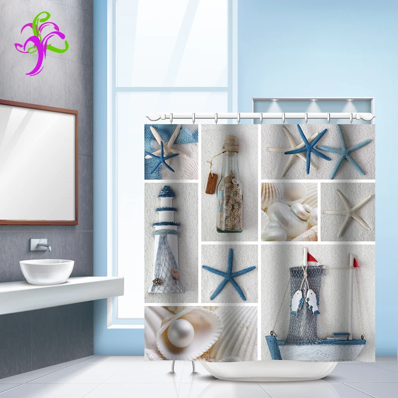 2018 Sea Shells Starfish Shower Curtain Beach Ocean Shore Coastal Decor