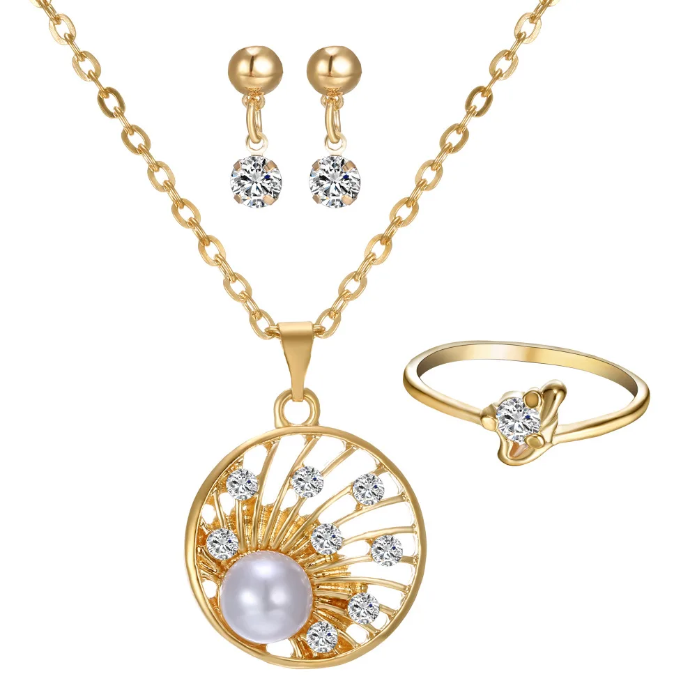 

Round Circle Wedding Jewelry Set Necklace Imitation Pearl Rhinestone Necklace Rhinestone Drop Earring Sets for Bridal Gold Color