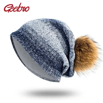 

Geebro Men Women Beanie Knitted Ribbed Beanies Hat with Pompom Winter Cap Solid Color Slouch Hats Skullies chapeu feminino