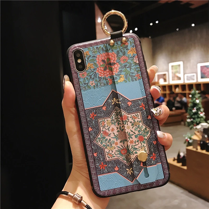8 SoCouple Wrist Strap Soft TPU Phone Case For iphone 6 6s 7 8 plus Case For iphone X Xs max XR Flower embroidery Pattern Case