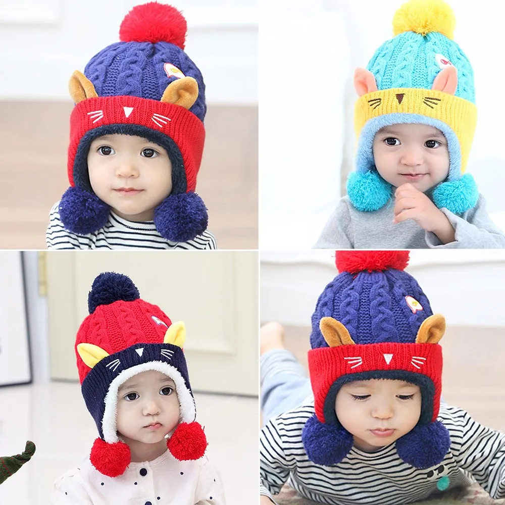 Plus velvet boys Beanies Cat ears wool solid Winter Baby Child knitted hat kids girls Earflap
