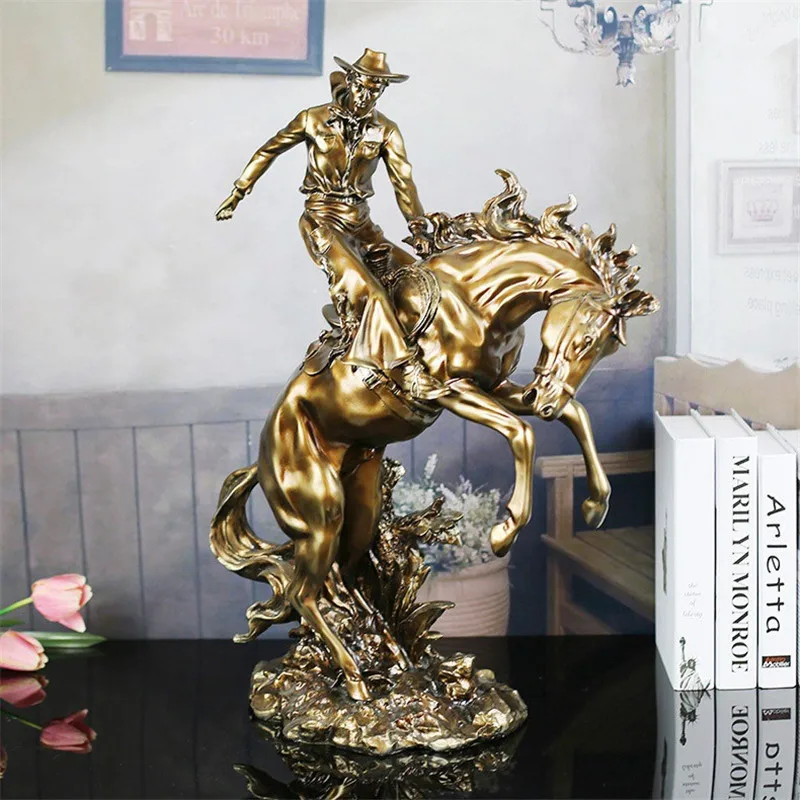 

European Style Retro West Cowboy Galloping Horse Statue Resin Art Craft Living Room Furnishing Articles G1306