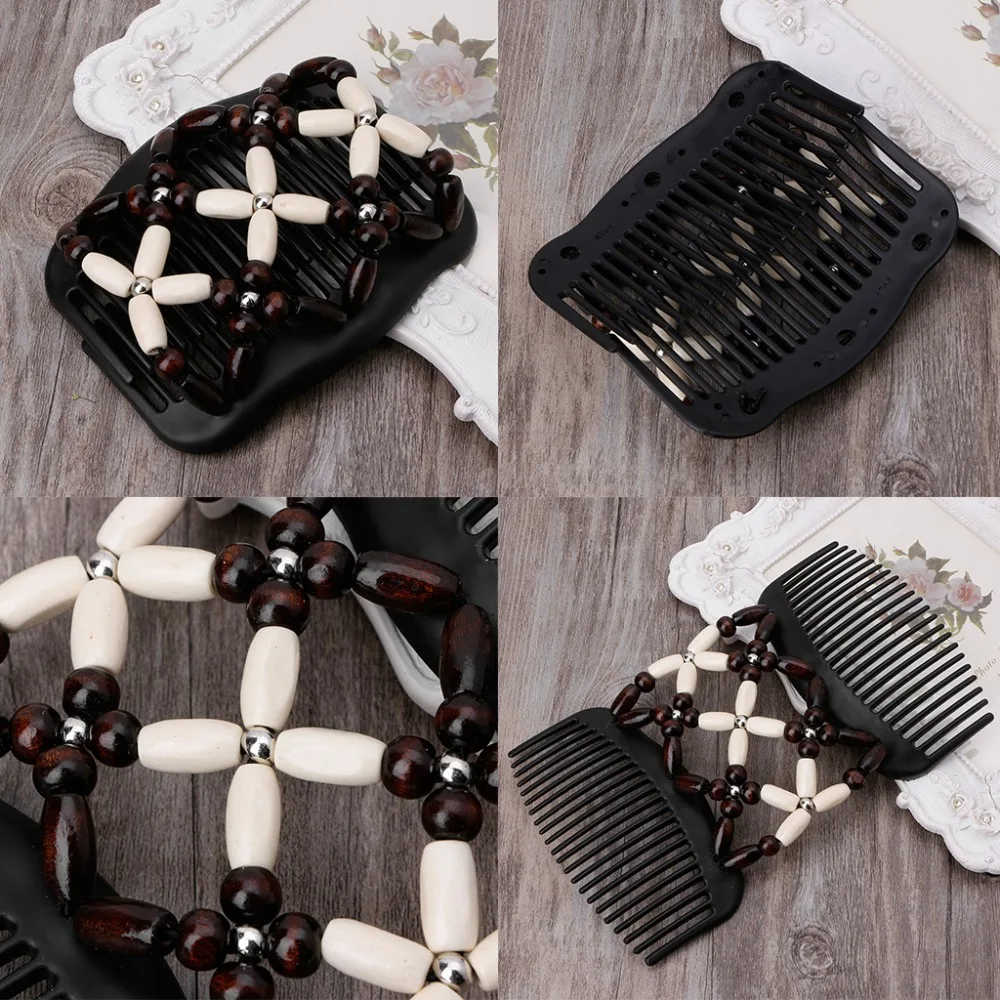 Easy Magic Wood Beads Double Hair Comb Clip Stretchy Women Hair