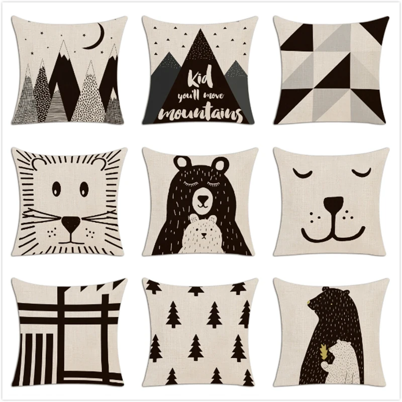

Children Simple Cushion Cover Hand Painted Cartoon Animals Pillow Case Nordic Style Forest Bear Bookcase Mountain Pillow Cover