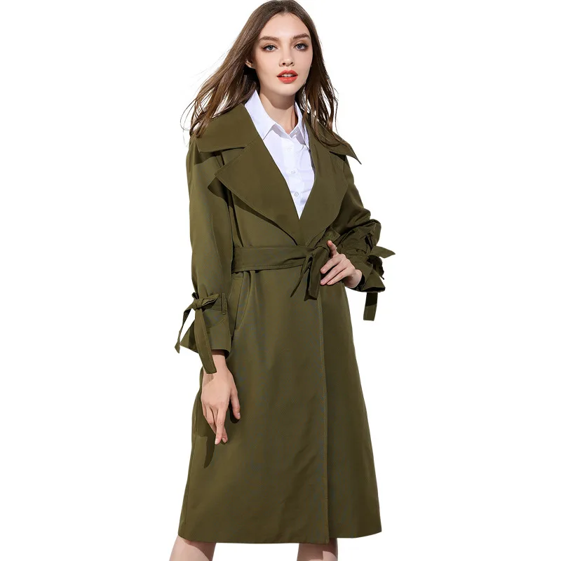 2017 Autumn Women High Quality Army Green Trench Coat Long Design Wind