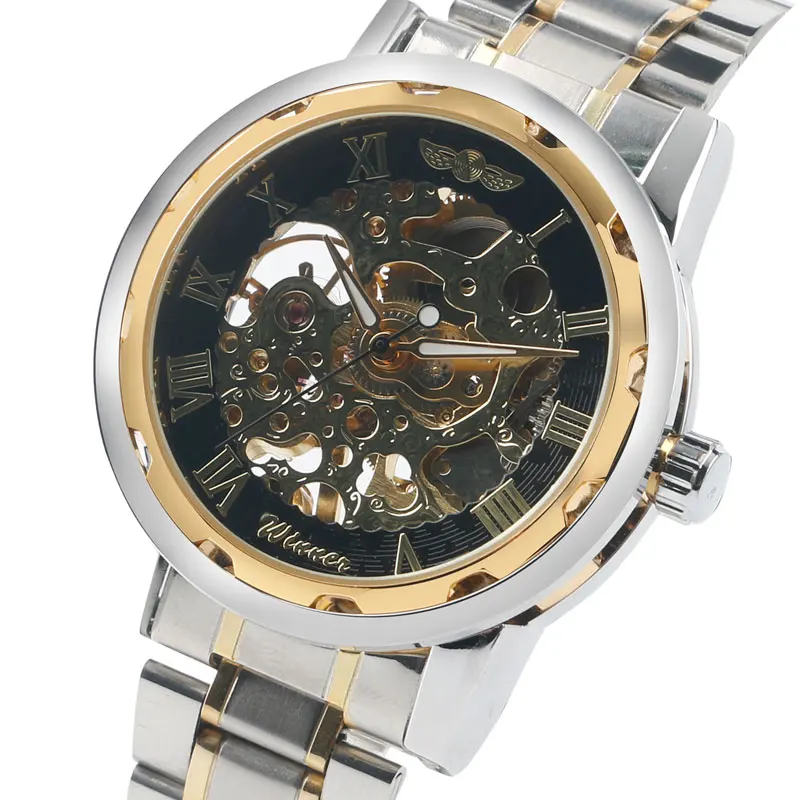 

Hot WINNER Skeleton Dial Men Mechanical Wristwatch Silver Stainless Steel See-through Business Watch With Box
