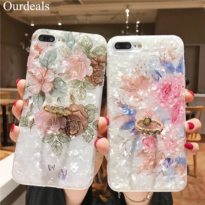 

Ourpho Shellfish Painted Flowe Cute Animal Phone Case for iPhone X XR XS MAX 6 6s 8 7plus IMD Smooth Soft Shell Ring Bracket Bag