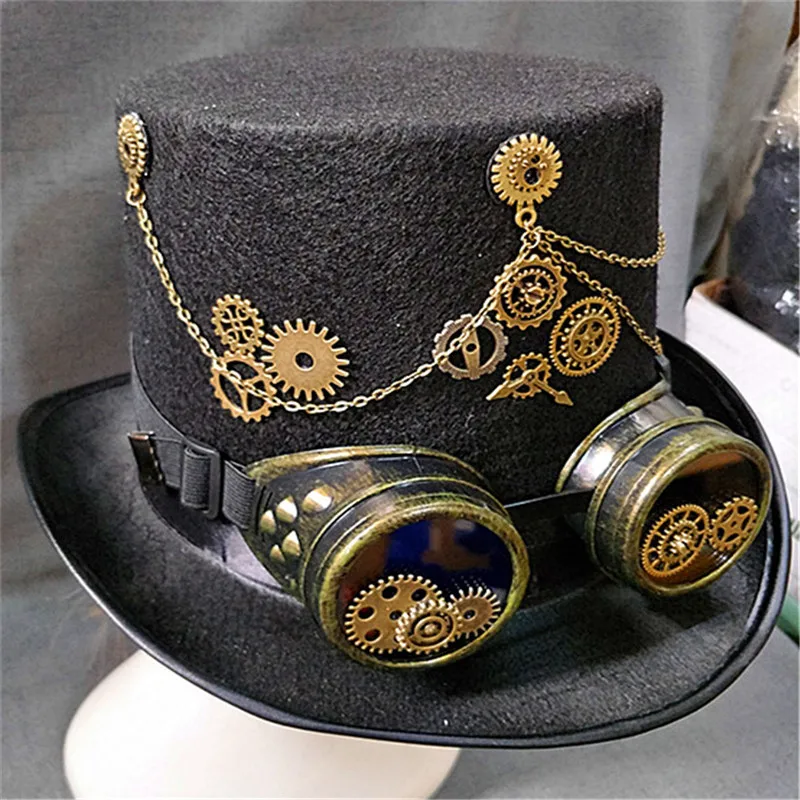 

15CM Retro Punk Unisex Party Black Hat Vintage Steampunk Gear Gothic Goggles Top Hats Fedora Hats Halloween Lolita Cosplay Hats