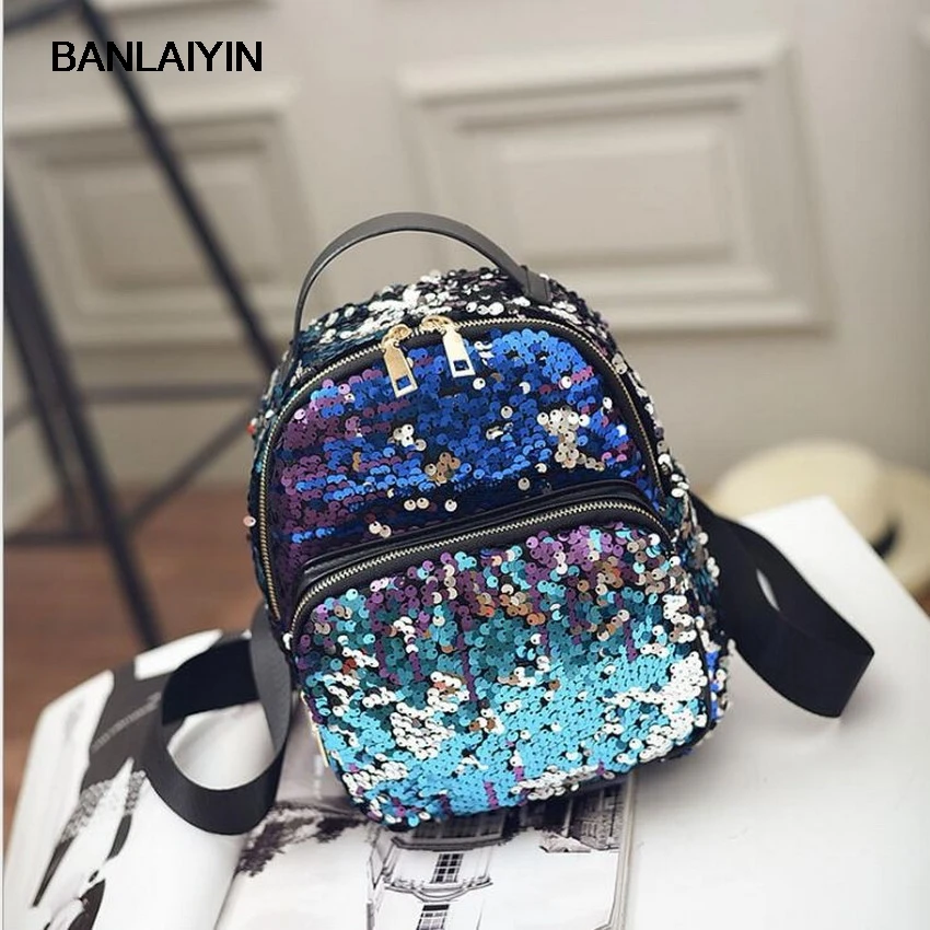 Sequins Design Women Mini PU Leather Backpack High Quality School Bags For Teenagers Girls Travel Backpack