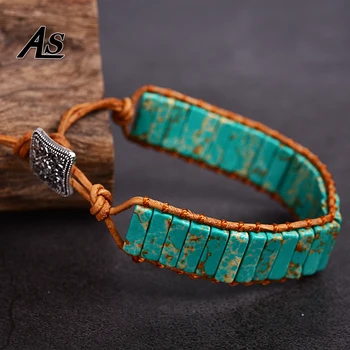 

Asingeloo Green Turquoise Natural Stone Beads Leather Rope Wrap Thread Handmade Tube Jewelry Vintage Cuff Bracelet Bohemia