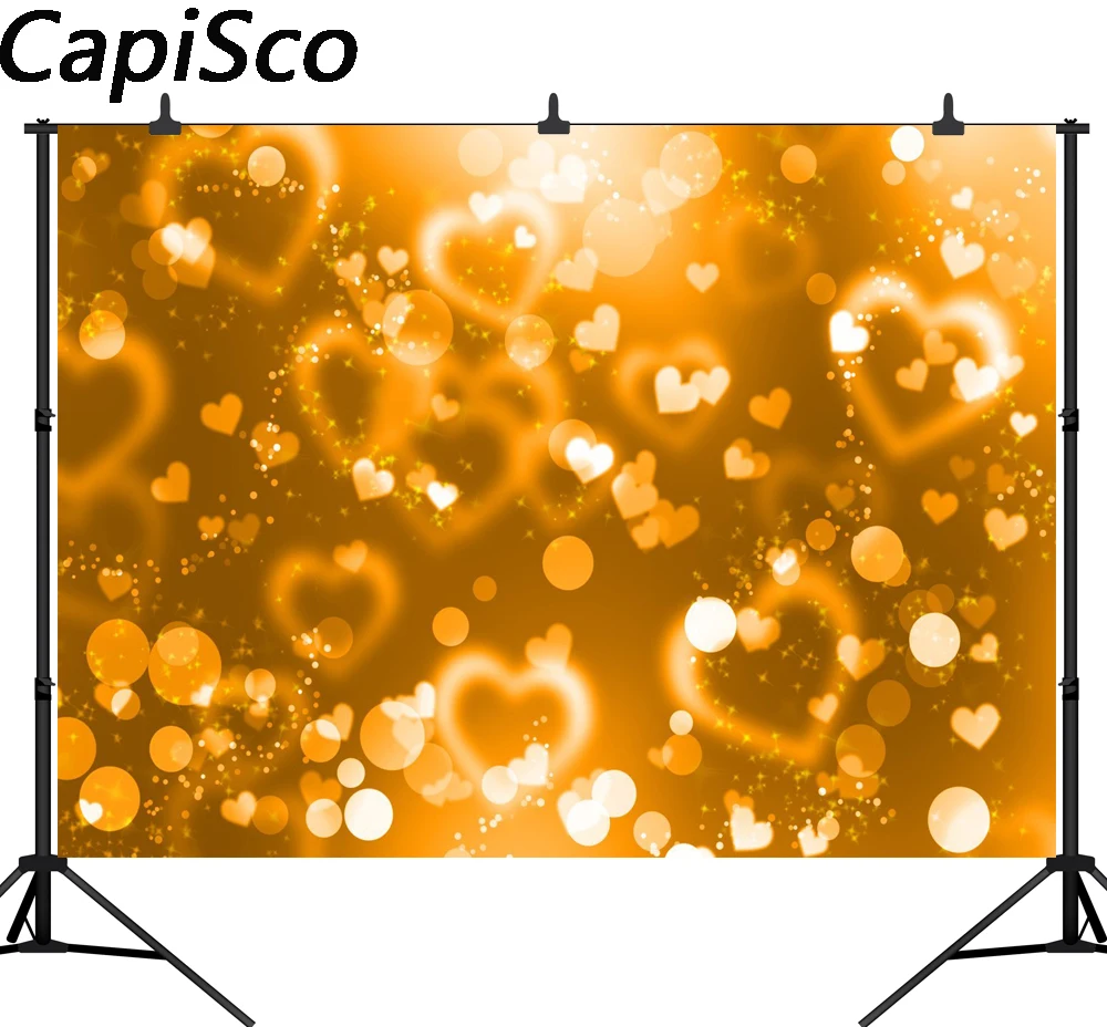 

Capisco Gold Love Heart Bokeh Valentines Day backdrop Vinyl cloth High quality Computer printed wedding Backgrounds
