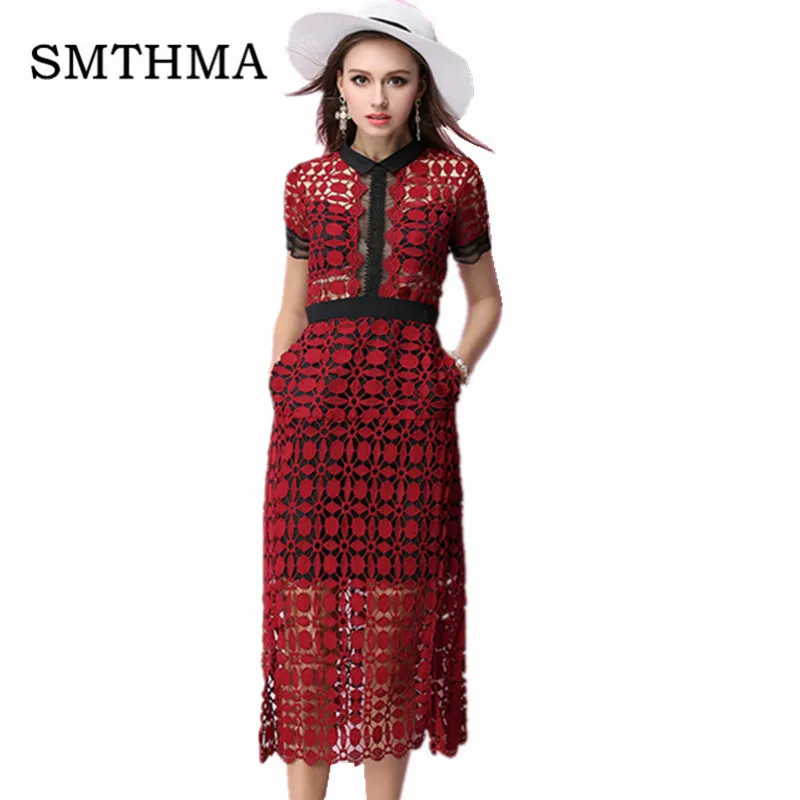 

SMTHMA IN STOCK 2019 Self Portrait Runway Hollow out Lace Long dress Elegant Patchwork Summer short sleeves dress