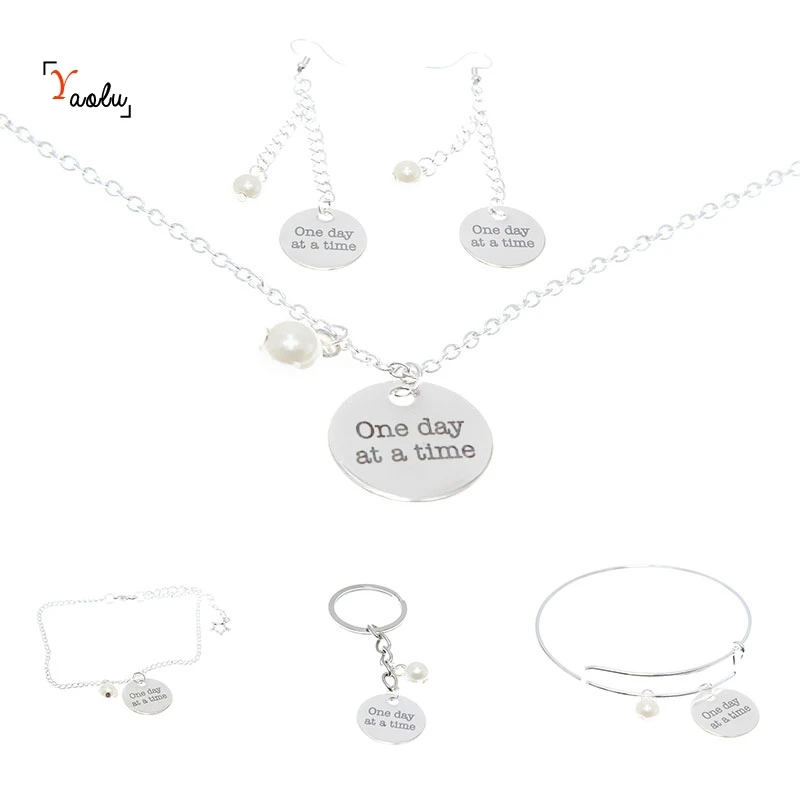 

Recovery Jewelry set one day at a time Sobriety Inpsirational Motivational charm Necklace Bangle Earring Ankle Keyring