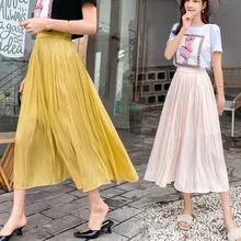 Юбка Женская Корейская версия дикого льда шелковая шифоновая юбка женская летняя блестящая в длинном абзаце большие качели плиссированная