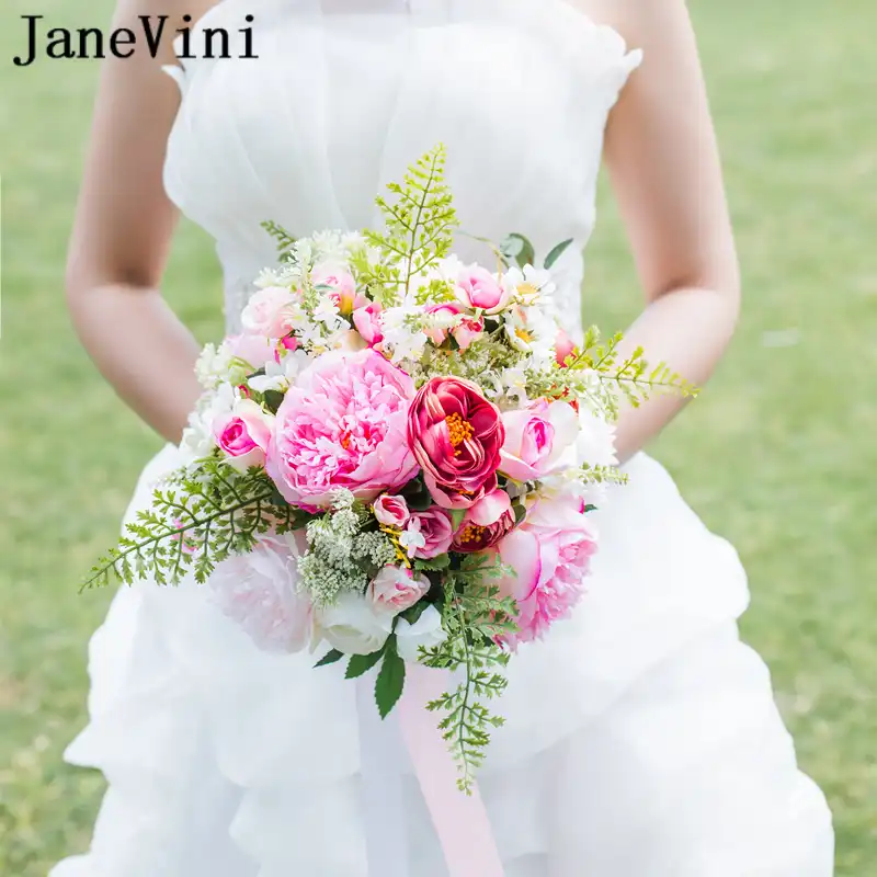 Janevini Elegant Peony White Pink Wedding Bouquets For Brides