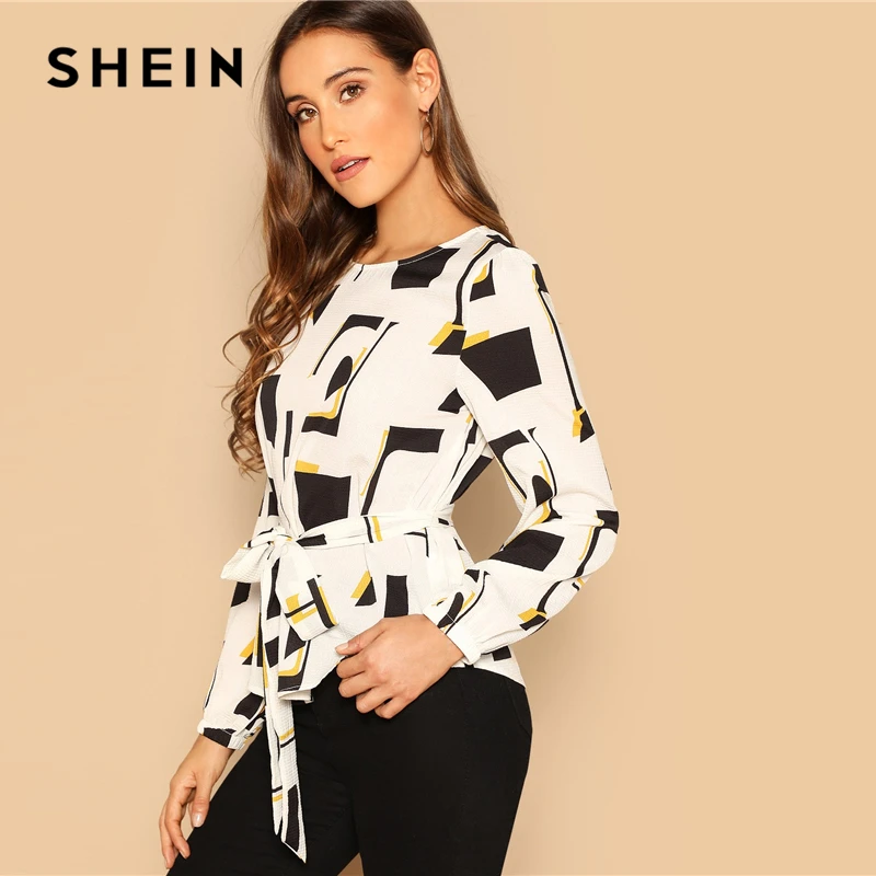 SHEIN Женский Топ с длинным рукавом и геометрическим принтом, весна, черный и белый цвета, офисные женские топы и блузки
