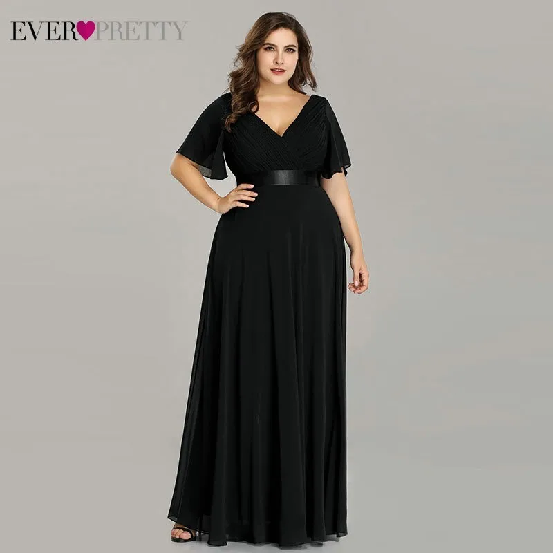 Black Вечерние платья размера плюс Ever Pretty EP09890, элегантное шифоновое вечернее платье с v-образным вырезом и оборками, вечернее платье, платье для вечеринки, Robe De Soiree - Цвет: Black