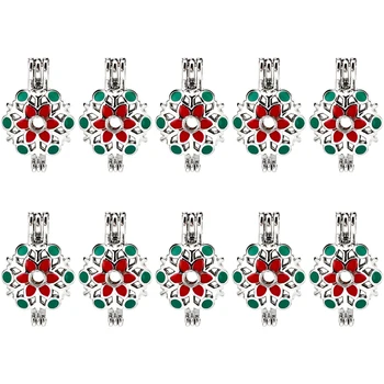 

10X Colors Enamel New Year Snowflake Beads Cage Perfume Essential Oil Diffuser Pearl Cage Locket Pendant K1074