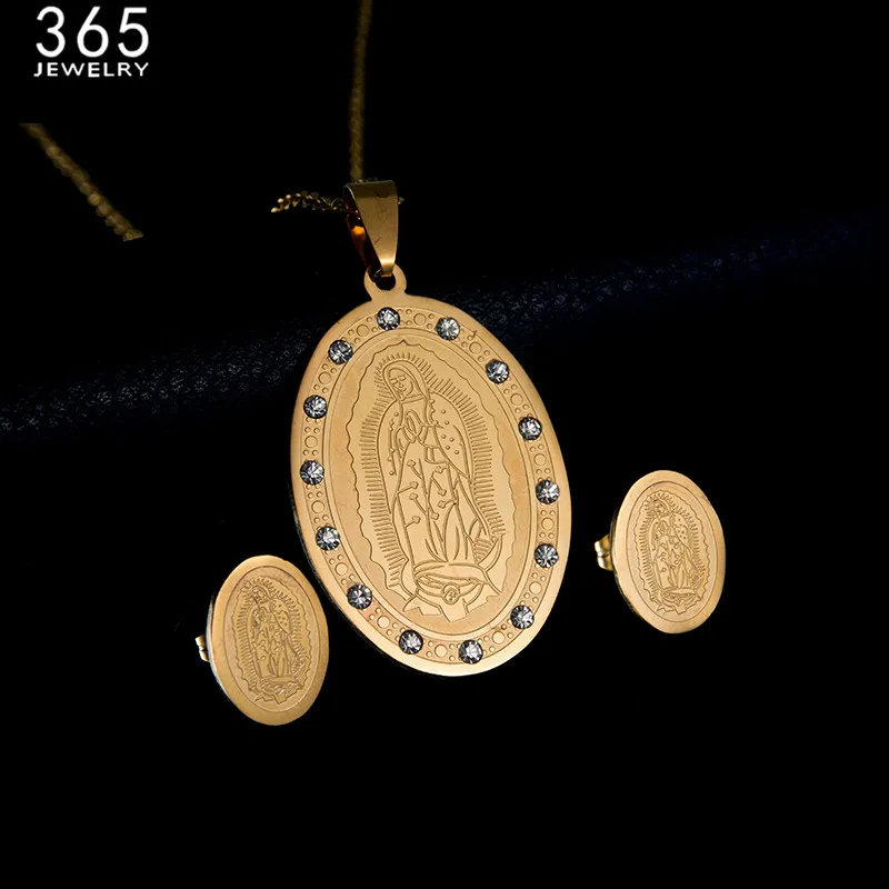 

Prayer Jewellery Stainless Steel Dubai Gold African Jewelry Set Crystal Virgin Mary Bridal Necklace Earrings Set for Girl Women