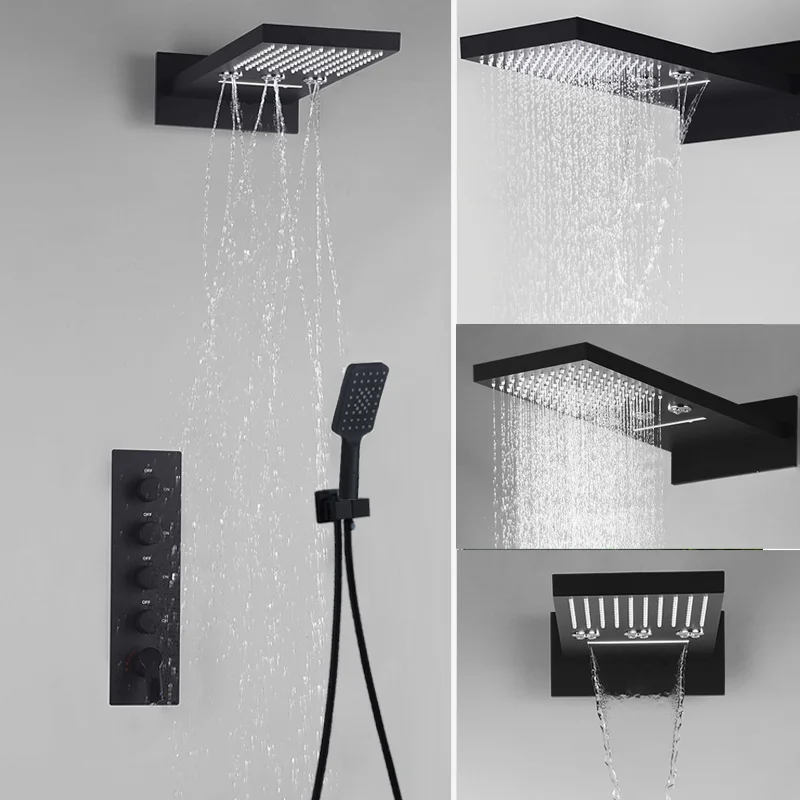 

Matt Black 4 Functions Shower System Modern Wall Mounted Showerhead Rain Waterfall Rotating Water Hot and cold Mixer Valve
