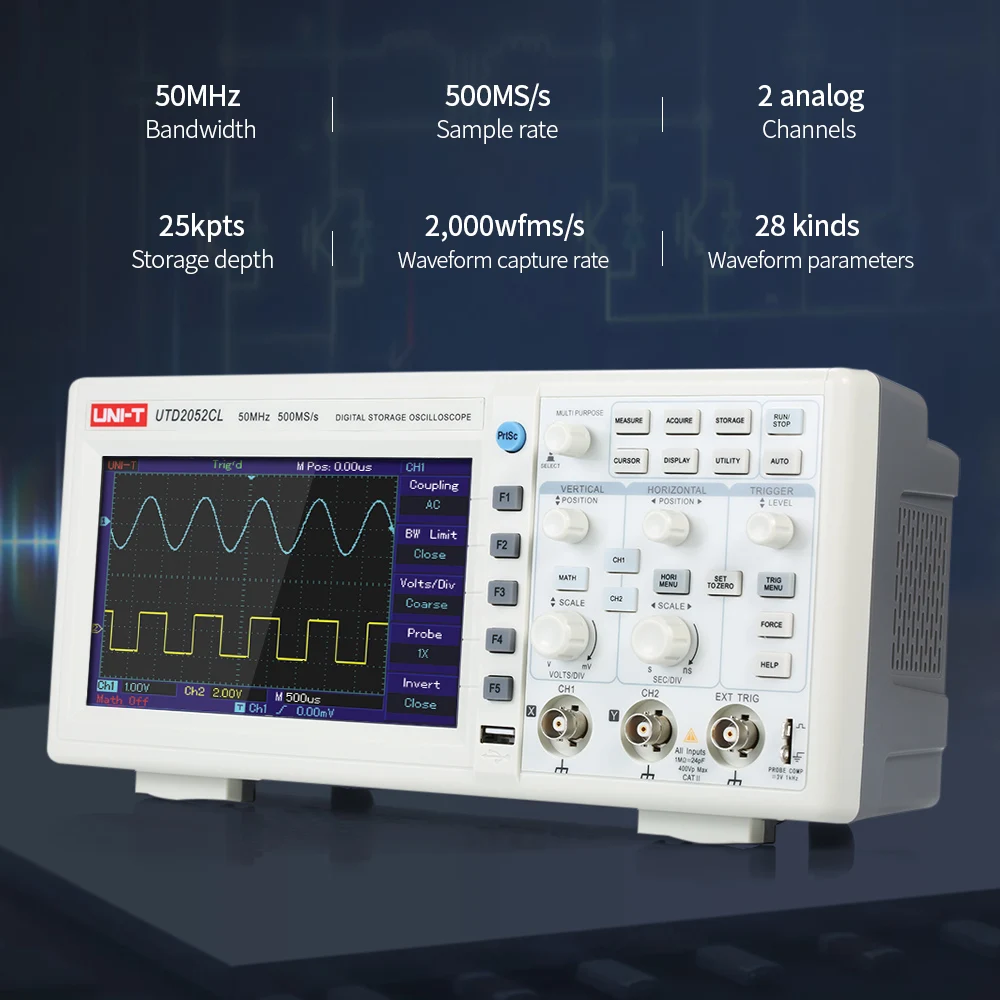 UTD2052CL цифровой осциллограф двухканальный 50 МГц полоса пропускания 500 мс/с скорость передачи образца USB связь