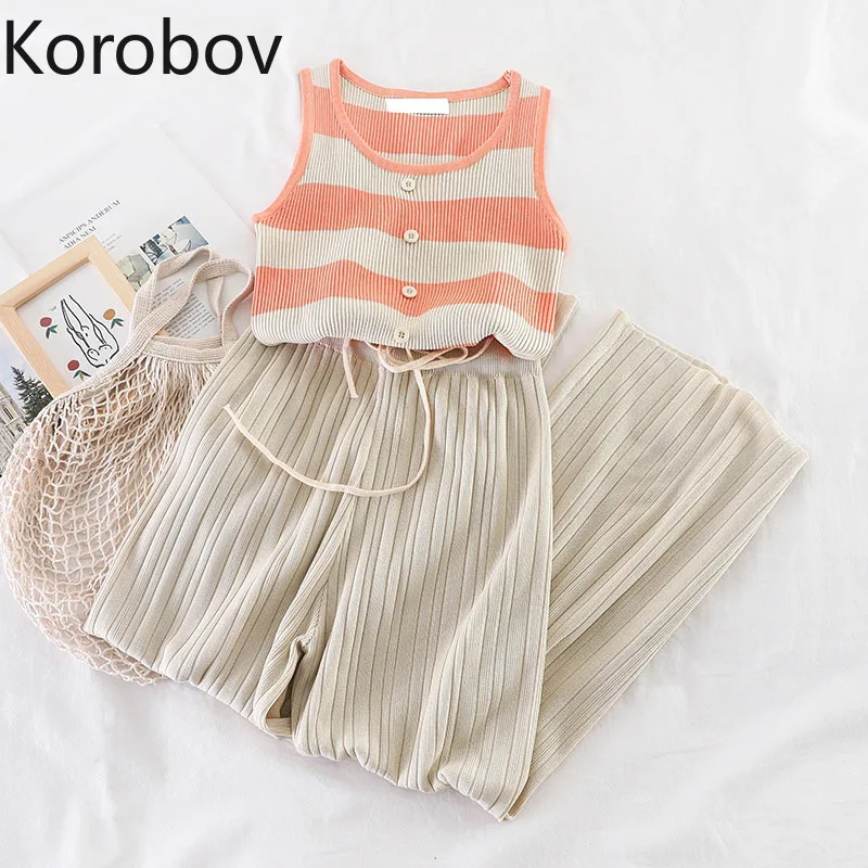 

Korobov Elegant O Neck Striped Knitted Tank Top and High Waist Wide Leg Solid Lacing Pants 2 Piece Sets Women Suits 78708