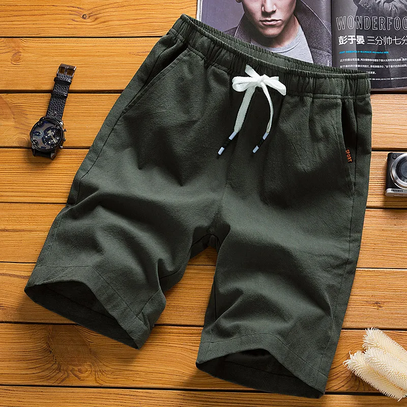 ArmyGreen Модная летняя Шорты для мужчин однотонной льняной ткани Шорты мужские летние свободные дышащие повседневные шорты пляжные шорты большие размеры 5XL - Цвет: ArmyGreen