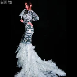 Sparkly black white printed diamond feather dress birthday celebration party banquet evening dress concert ball singer costume Sparkly black white printed diamond feather dress birthday celebration party banquet evening dress concert ball singer costume