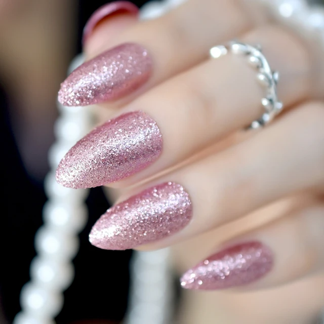 Gorgeous Rose Gold Almond Stiletto Fake Nails Pointed Bling Glitter Gorgeous Rose Gold Almond Stiletto Fake Nails Pointed Bling Glitter Press On False Full Cover