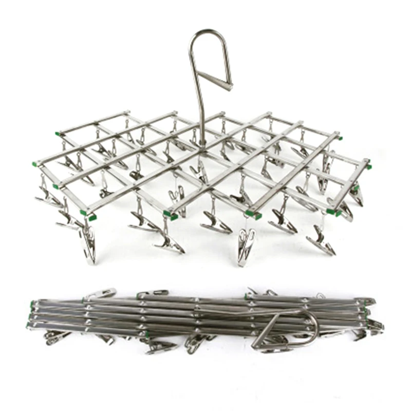 Stainless steel Rack Clamp Home Portable Laundry Hanger clips Clothes Socks Underwear Airer Silver 35 Pegs Folding