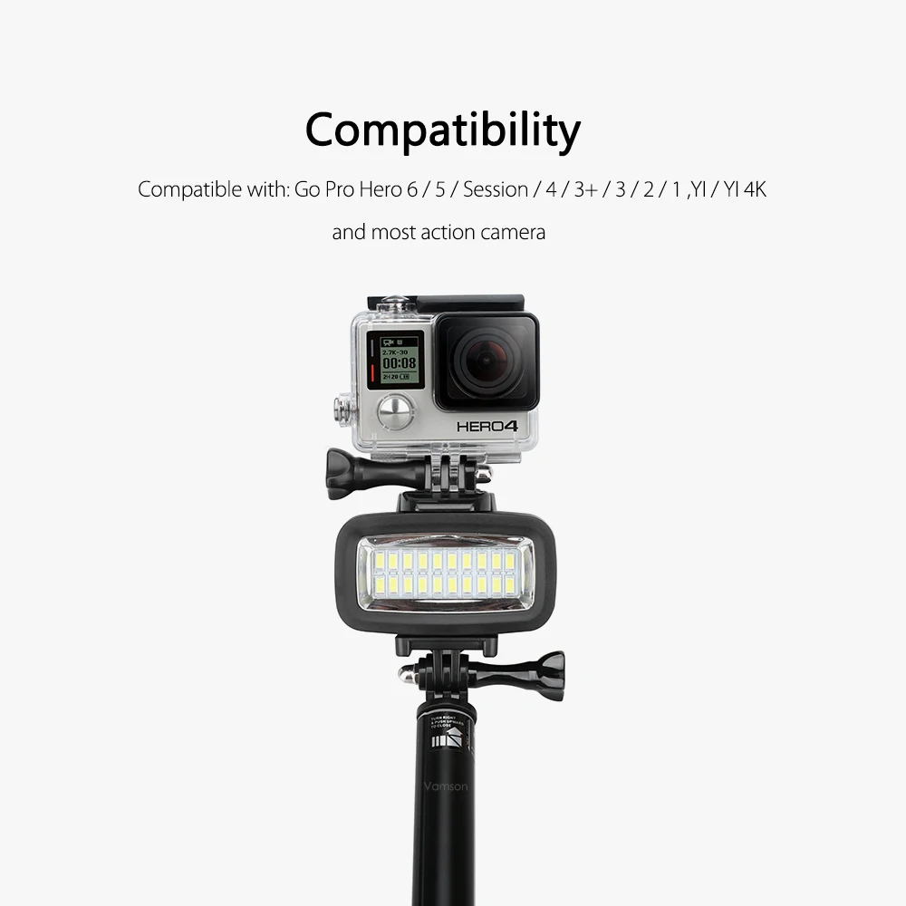 Vamson аксессуары для Gopro Hero 6 5 4 подводный фонарик лампа Дайвинг Водонепроницаемый