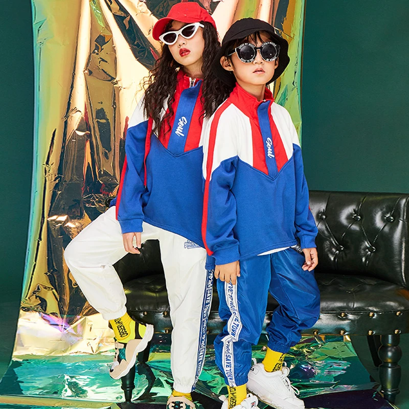 

New Ropa Hip Hop Costumes Kids/Boys/Girls Blue vs White Stripe Sweatshirt Street Drumming Performance Stage Dance Costume BL1769