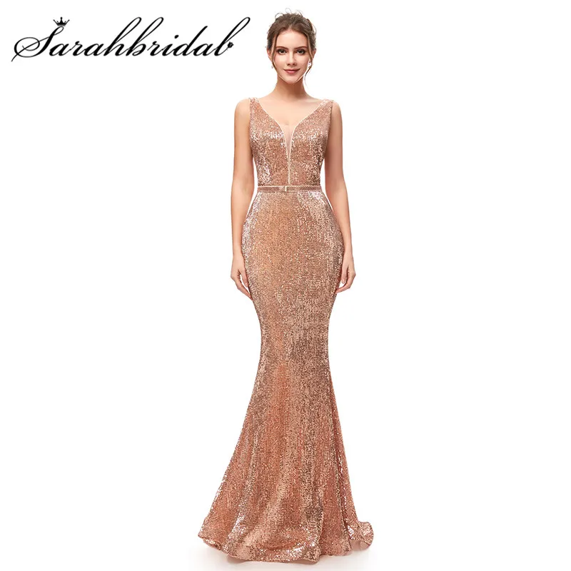 

Sexy Backless Evening Dress Simple New Arrival Sequin V-neck Mermaid Sashes Floor Length V-neck Sleeveless Prom Gown CC5256