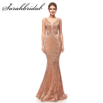 

Sexy Backless Evening Dress Simple New Arrival Sequin V-neck Mermaid Sashes Floor Length V-neck Sleeveless Prom Gown CC5256