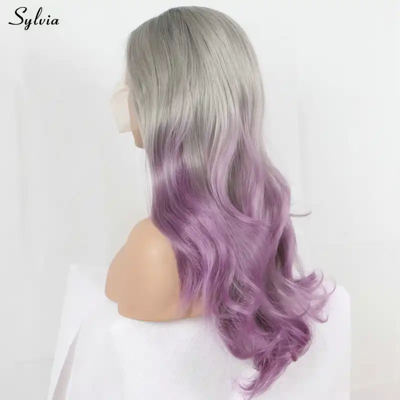 Sylvia Natural Hairline Black Roots Ombre Silver Gray Purple Three Tone Long Hair Middle Part Cosplay Synthetic Lace Front Wigs