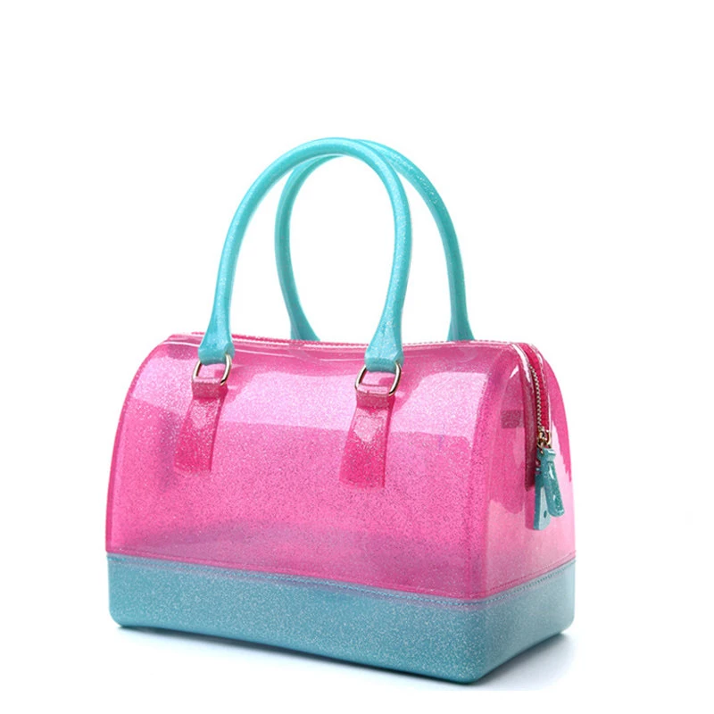 Fashion Transparent Candy Color Hand Bag Silica Gel Medium Size Women Barrel-Shaped Bag Lady Casual Contrast Color Shoulder Bag