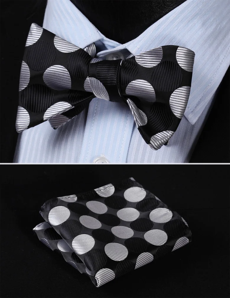 BD401LS Black White Polka Dot Bowtie Men Silk Self Bow Tie handkerchief