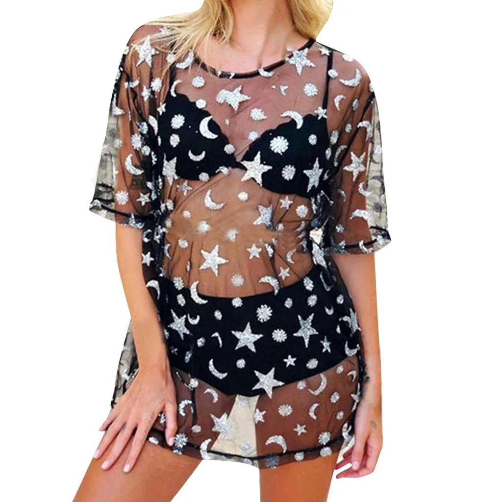 

FREE OSTRICH Dress Women Star Pattern Appliques Straight Transparent Mesh Gorgeous Dignified Noble Novel Short Dress Summer